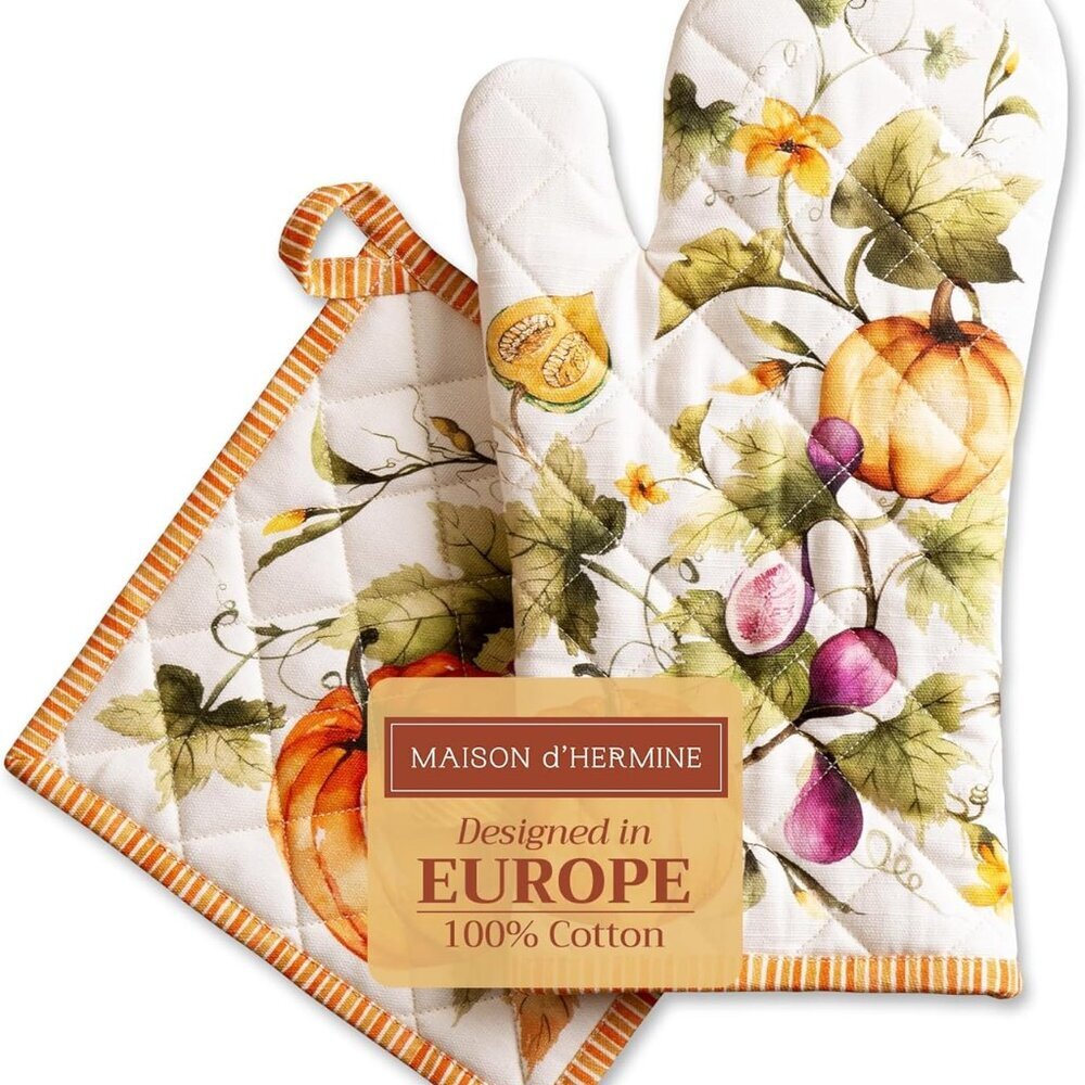 100% Cotton Oven Mitt & Pot Holder Set 7.5"x13" & 8"x8" Heat Resistant BBQ Cooki
